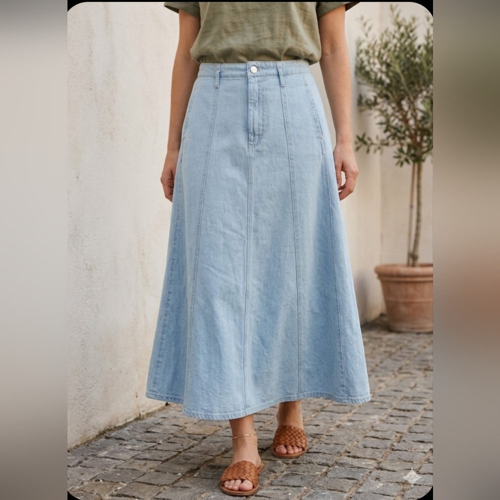 Light Wash Denim Maxi Skirt - Women's Casual A-Line - Picture 2 of 8